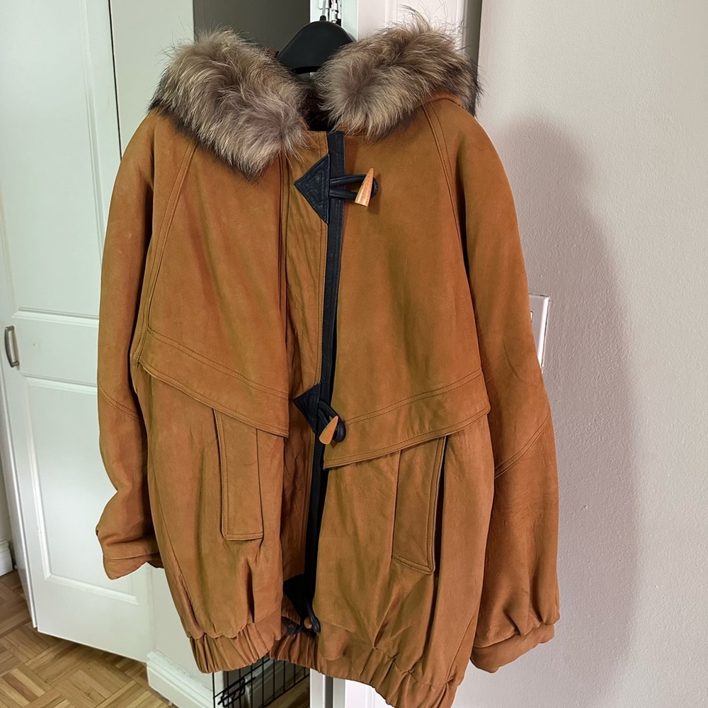 J Percy for Marvin Richards Camel Coat with Fur Hood, Large